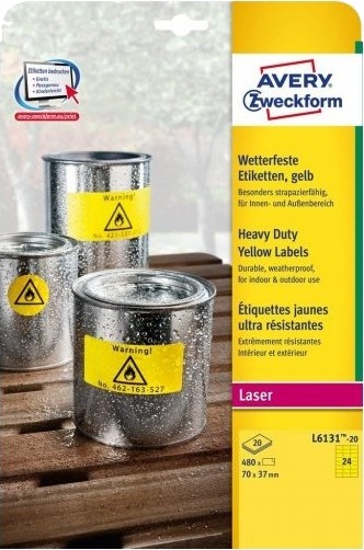 Avery L6131 20 Gul Selvklebende Skriveretikett A4 Film Polyester Laser Permanent