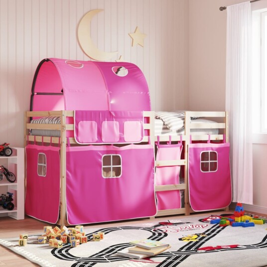  Køyeseng med gardiner rose 80x200 cm heltre furu 8721102690303