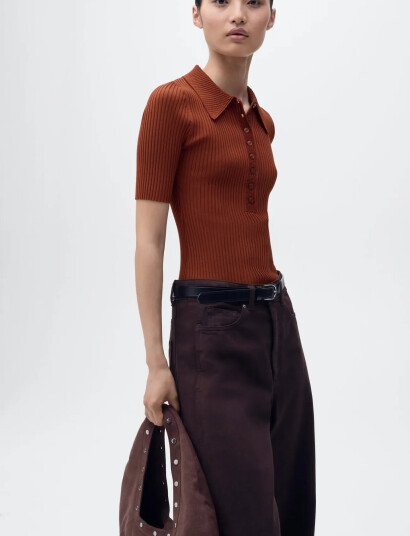 Mango Polo-Neck Ribbed Sweater - Brown - XS