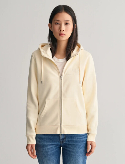 GANT Reg Tonal Shield Zip Hoodie - Cream - XS