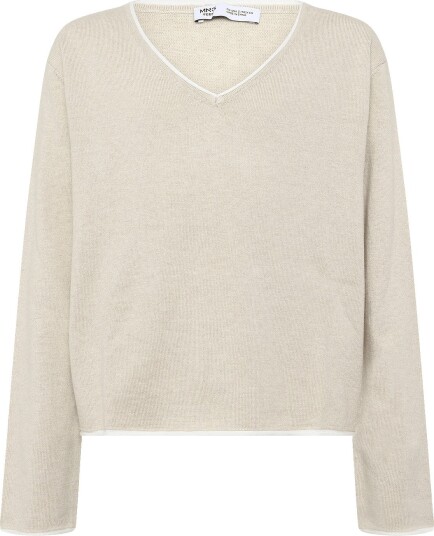 Mango V Neck Jumper With Contrast Trims Beige XXS