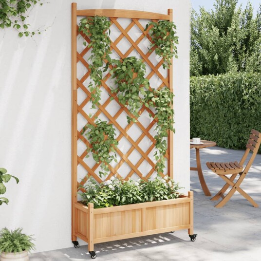 Plantekasse med espalier og hjul brun heltre gran Plantekasse med espalier og hjul brun heltre gran