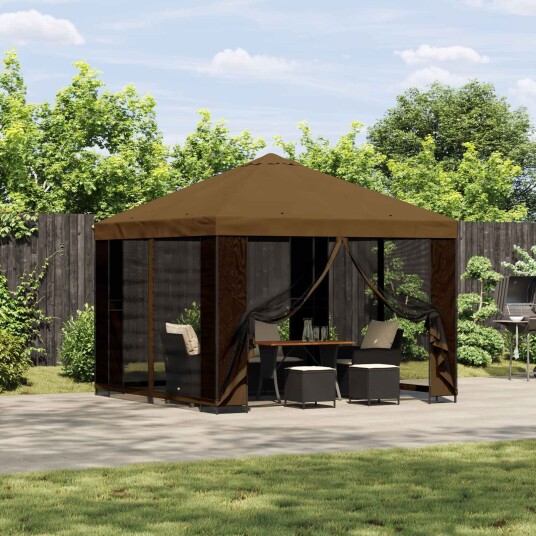 vidaXL Hagepaviljong med sidevegger 3 x 3 m Gråbrun Polyester og stål