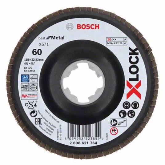 Bosch X-LOCK-lamellslipeskiver, vinklet modell, plastplate, Ø115 mm, G 60, X571, Best for Metal, 1 stk.