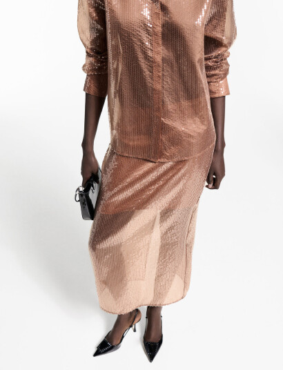 Mango Sequin Midi Skirt - Brown - S