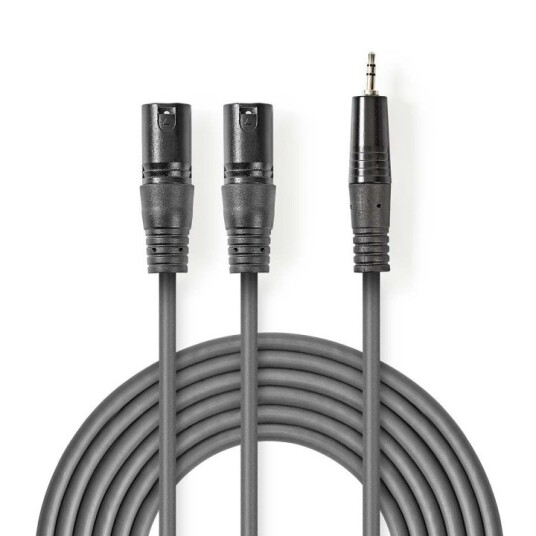 Nedis Balansert lydkabel | 2x XLR 3-Pin Han | 3.5 mm Han | Nikkel belagt | 3.00 m | Rund | PVC | Mørk Grå | Pappetui