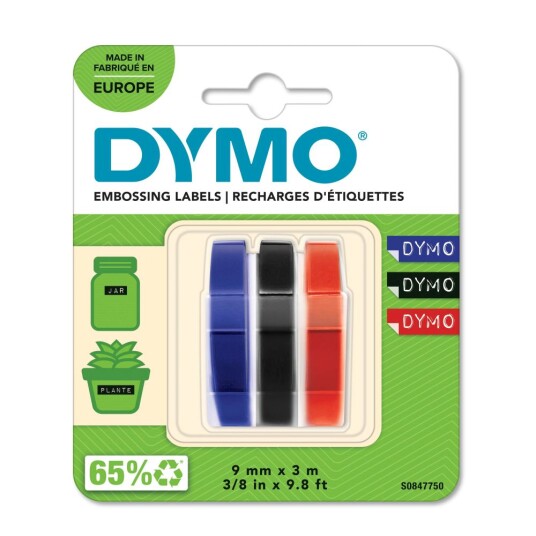 DYMO pregetape selvklebende, rød, grønn og blå, 9mm x 3m, 3 ruller