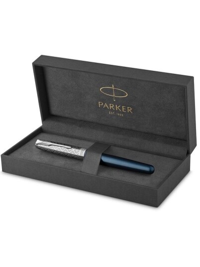 Parker Sonnet Fountain Pen  Premium Metal and Blå Satin Finish with Chrome Trim  Fine 18k Gull Nib with Svart Ink Cartridge  Gift Box