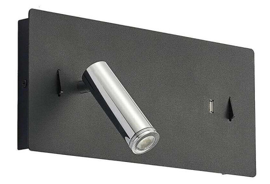 Lucande Kimo LED-vegglampe kantet svart, USB-spor