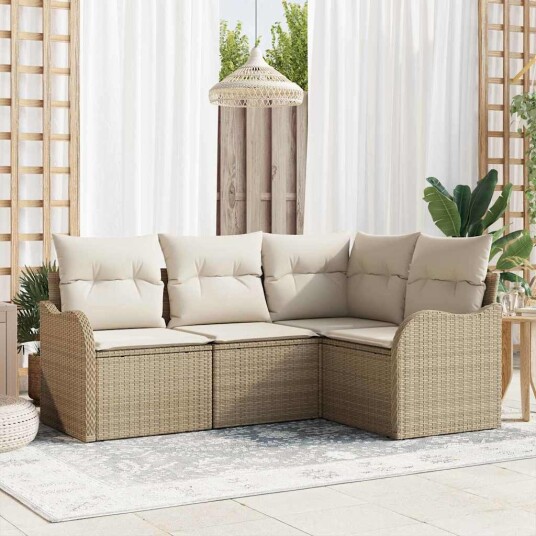 4-delt Hagesofa Set med Puter Beige Poly Rottning