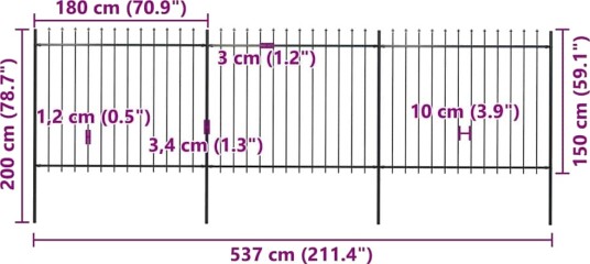  Hagegjerde med spydtopp stål 5,1x1,5 m svart