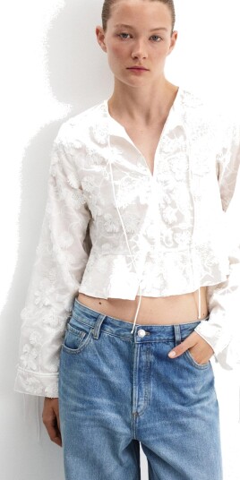 Mango Cotton Blouse With Floral Embroideries White M