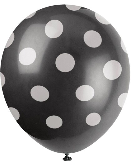 6 stk 30 cm   Svarte Ballonger med Hvite Polka Dots