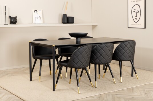 Venture Home Pelle Spisegruppe 190 cm Rektangulær med 6 Velvet stoler Sort/Guld