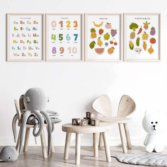 Plakat Alfabet Tall og Frukt / Sett med 4