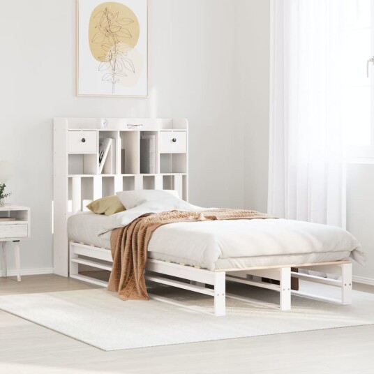  Seng med bokhylle uten madrass hvit 75x190 cm heltre furu 8721158627629