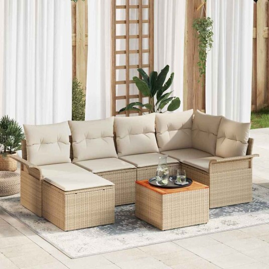 7 Delt Hage Sofa Set med Puter Beige Poly Rottning Akasie