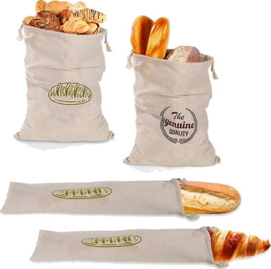 4 stk/sett Linbrødposer Ekstra Store Naturlige Ubleket Brødposer Gjenbrukbar Pose med Snøring For