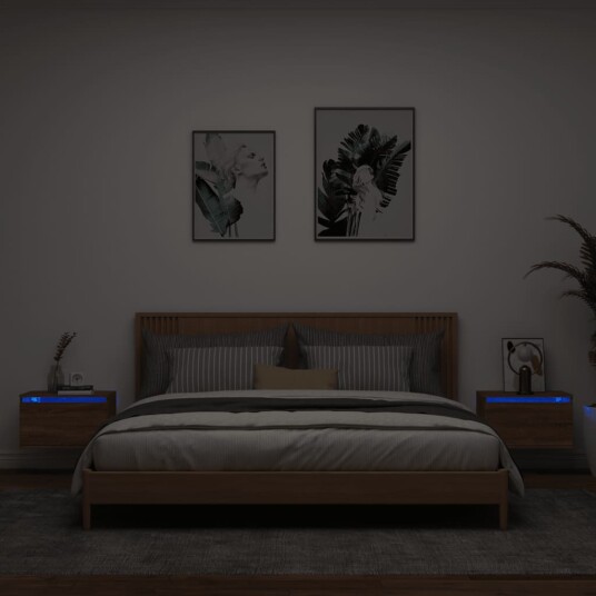 Vegghengte nattbord med LED-lys 2 stk brun eik 8721012254237 Vegghengte nattbord med LED-lys 2 stk brun eik 8721012254237