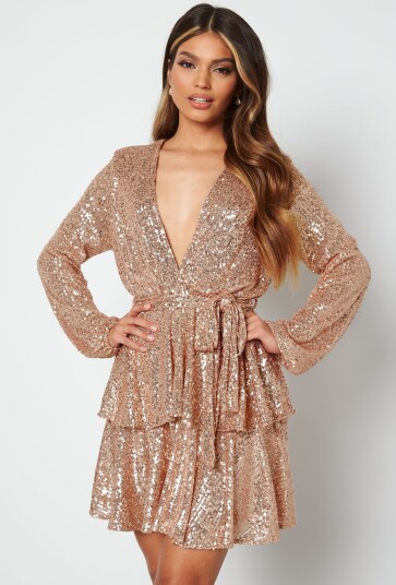 John Zack Sequin Deep V Ruffle Skater Dress