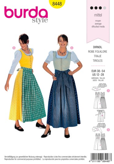 Burda 8448 - Folkedrakt EUR: 38-54, US: 12-28