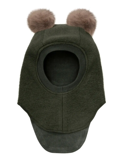 Huttelihut Balaclava Wool Alpaca Pompoms - Khaki green - 0-12M