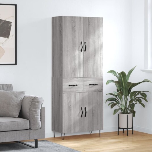 Highboard grå sonoma 69,5x34x180 cm konstruert tre