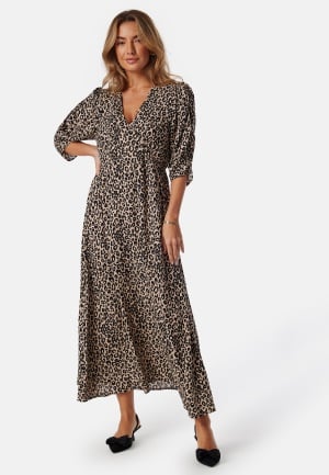 BUBBLEROOM Ruched Sleeve Midi Dress Light nougat/Patterned L BUBBLEROOM Ruched Sleeve Midi Dress Light nougat/Patterned L