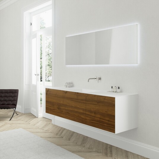 Copenhagen Chic 180 MKII skap 6 skuffer vask og kabinett i Glacier White Corian® med amerikansk valnøtt