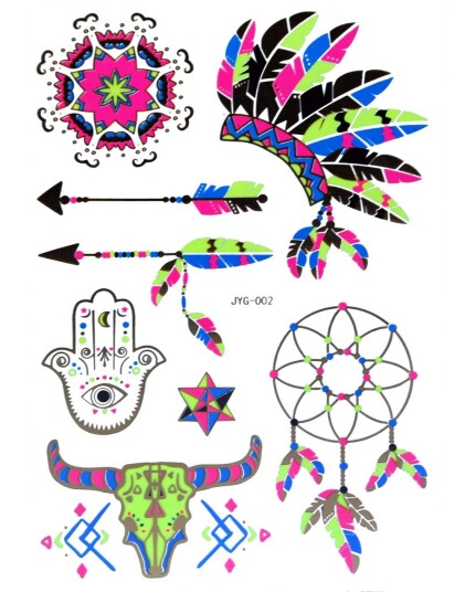 Ark med Indianer Hodeplagg Hamsa Hånd og Andre Fluorescerende Gullfolierte Tatoveringer Gold UV Fake Tattoo