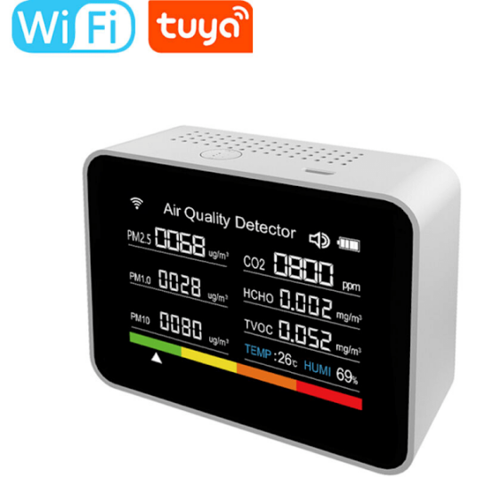 Intelligent luftkvalitetsmåler TUYA WIFI 13 i 1 CO2 detektor CO2/TVOC/HCHO/PM2.5/PM1.0/PM10/Temperatur/FUKTIGHET/TIME/DATO/ALARM/TID/KRONOMETER