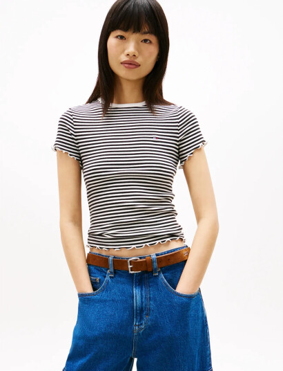 Tommy Jeans Tjw Slim Lettuce Edge Rib Ss   Black   L
