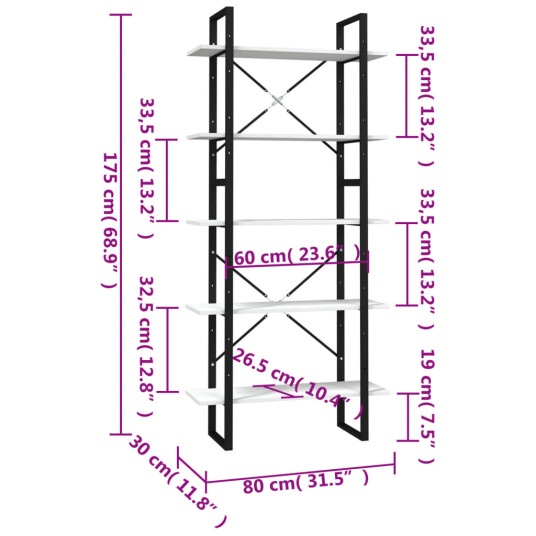 vidaXL Bokhylle 5 niv?er 80x30x175 cm furu hvit