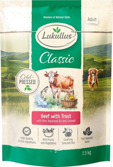 Lukullus Tørrfôr Kaldpresset & Ørret Sparepakke Ny Oppskrift Okse 4 X 1.5 kg