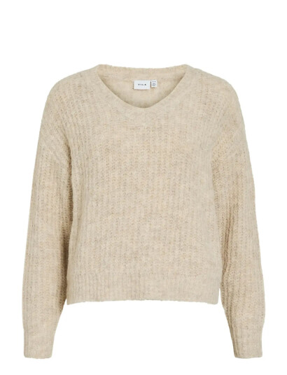 Vila Vilampe V Neck L/S Knit Top Noos   Beige   XS