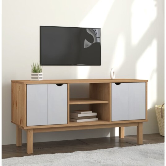 TV benk OTTA brun og hvit 113,5x43x57 cm heltre furu TV benk OTTA brun og hvit 113,5x43x57 cm heltre furu