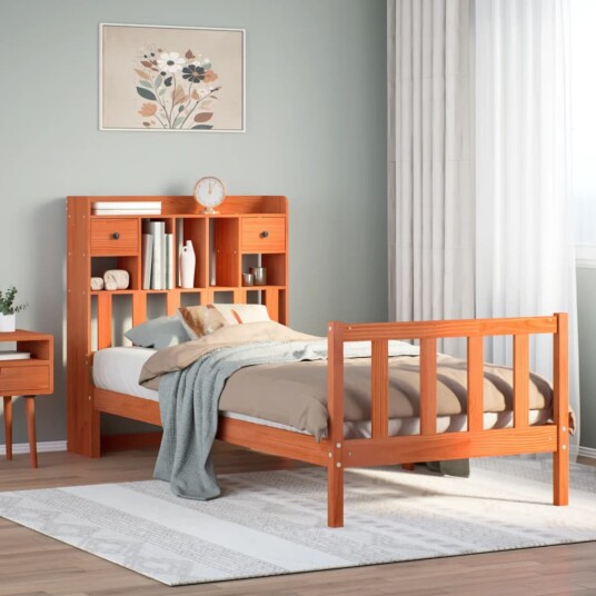 Seng med bokhylle uten madrass voksbrun 90x190 cm heltre furu 8721158605412