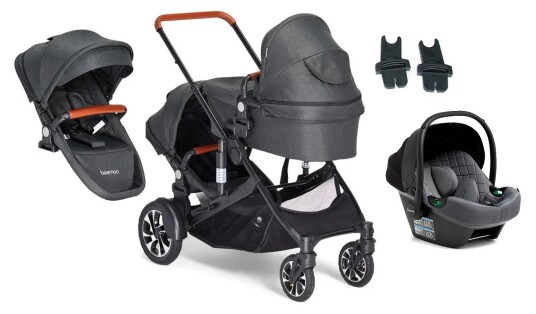 Beemoo Maxi 4 Twin Søskenvogn Inkl. Søskensete &  Beemoo Route i-Size Babybilstol Black/Mineral Grey