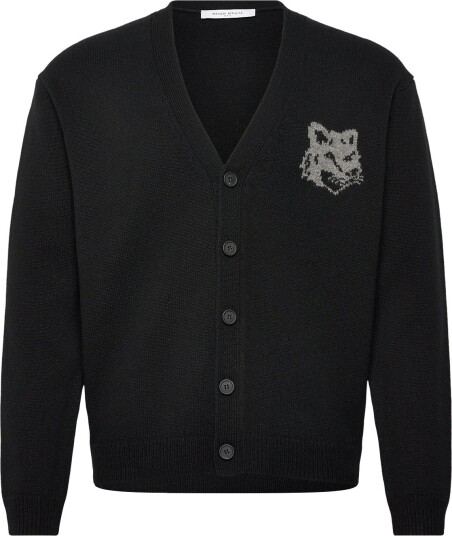 Maison Kitsune Fox Head Intarsia Merino Cardigan Black/Medium Gre Black L