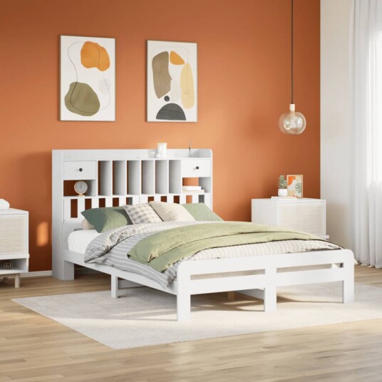  Seng med bokhylle uten madrass hvit 150x200 cm heltre furu 8721158383198