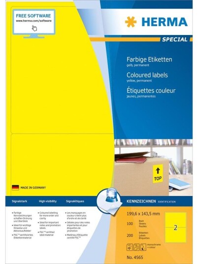 HERMA Coloured labels A4 199.6 x 143.5 mm yellow permanent adhesion HERMA Coloured labels A4 199.6 x 143.5 mm yellow permanent adhesion