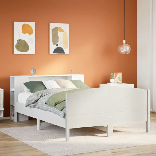 Seng med bokhylle uten madrass hvit 135x190 cm heltre furu 8721158618627 Seng med bokhylle uten madrass hvit 135x190 cm heltre furu 8721158618627