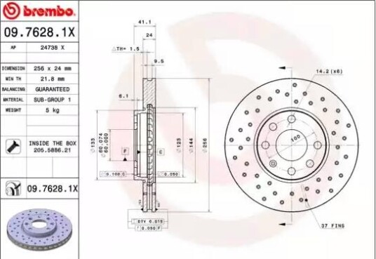 Bremseskive BREMBO 09.7628.1X Bremseskive BREMBO 09.7628.1X