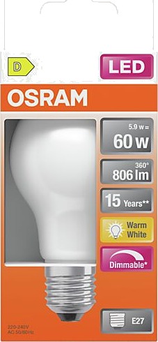 Osram led lyspære e27 classic a60 806lm matt dimbar varmhvit