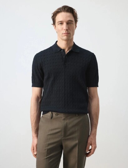 Mango 100% Cotton Braided Knitted Polo Shirt Navy XL Mango 100% Cotton Braided Knitted Polo Shirt Navy XL