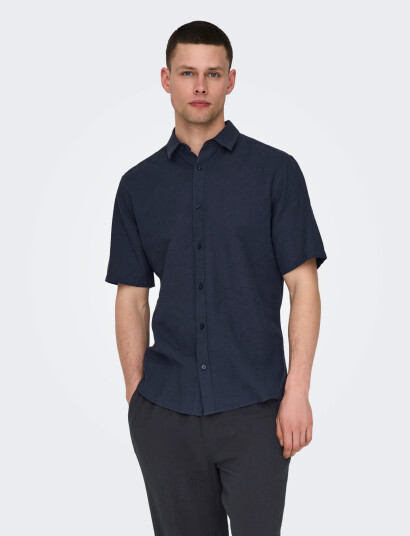 ONLY & SONS Onscaiden Life Ss Solid Linen Shirt Noos - Navy - M