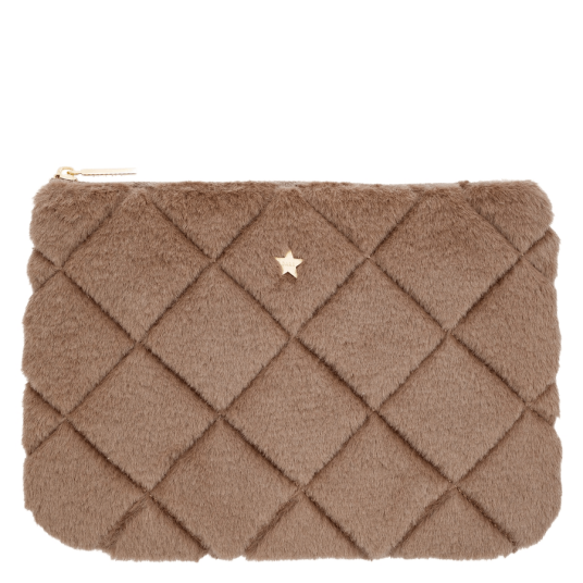 DARK Faux Fur Quilted Small Pouch Warm Taupe
