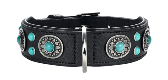 Hunter Sioux Hundehalsbånd Medium 41-49cm Lær Svart/Turkis