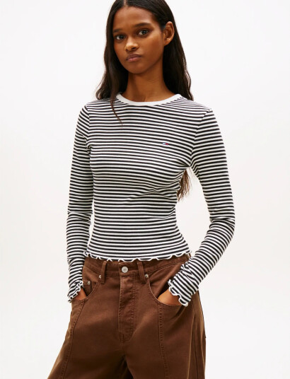 Tommy Jeans Tjw Slim Sh Lettuce Edge Rib Ls   Black   M