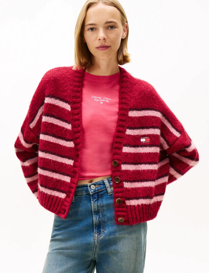 Tommy Jeans Tjw Badge Stripe Fluff Cardi Ext - Red - XS Tommy Jeans Tjw Badge Stripe Fluff Cardi Ext - Red - XS